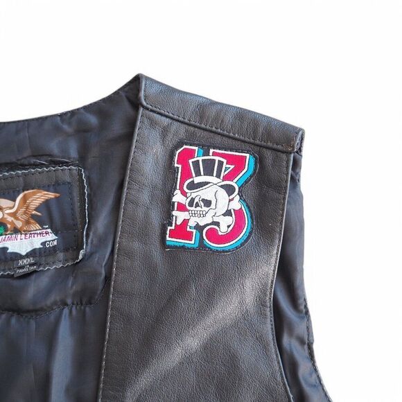 Jamin Leather Patch Pin Skull Cross Motorcycle Riding Vest Black Men's XXXL - Picture 10 of 13